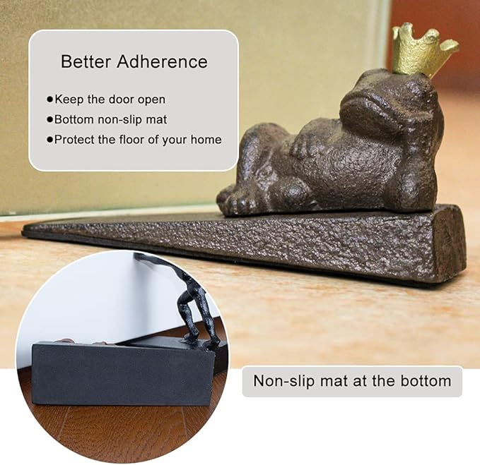 Earl Diamond Heavy Duty Cast Iron Cute Crown Frog Door Stops | Decorative Cute Animal Statue Metal Door Stopper Wedge, with Non-Slip Mat for Home Office Commercial