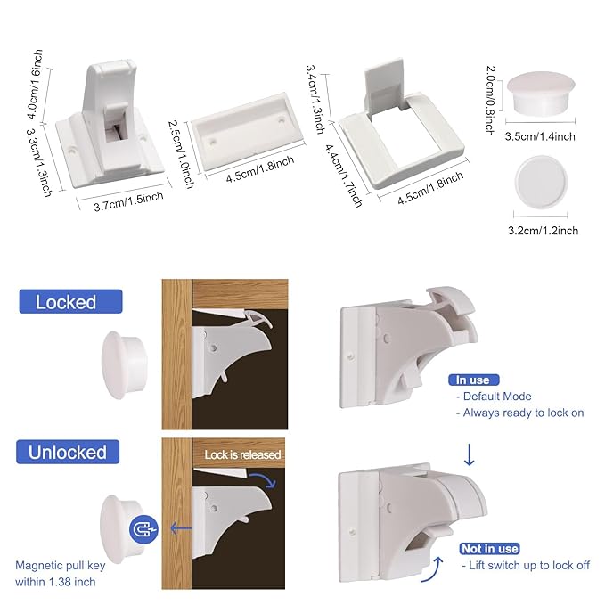 Magnetic Cabinet Locks Baby Proofing - 10 Locks & 2 Keys, No Drill Adhesive Safety Latches for Cabinets & Drawers, Child Proof Lock for Kitchen, Strong Magnet Key to Open, Easy Installation