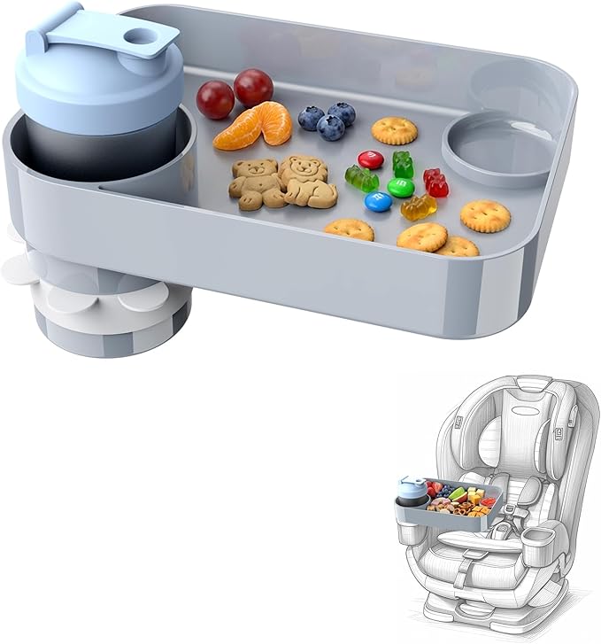 Car Seat Snack Tray for Kids, Mess-Free Square Travel Tray Cup Holder Snack Tray, Durable Car Food Tray for Toddlers, Universal Fit Kids Travel Road Trip Essentials (Gray)