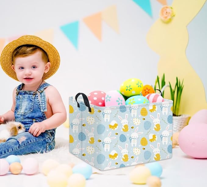 TIBAOLOVER Rectangular Easter Basket Kids Storage Basket Gift Basket Baby Storage Basket Cute Kids Toy Storage Bin Organizer Shelf Book Basket Room Decor(Blue Easter Bunny)