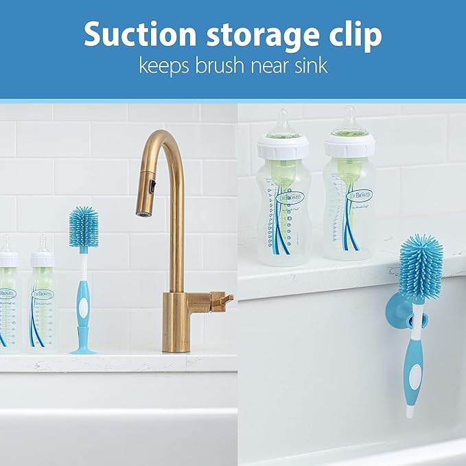 Dr. Brown's Soft Touch No Scratch Baby Bottle Cleaning Brush, Nipple Cleaner & Suction Cup Base for Easy Storage, BPA Free, Blue (Pack of 5)