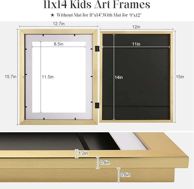 [2Pack] Kids Art Frames, 11x14 Front Opening Kids Artwork Frames Changeable, Gold Artwork Display Storage Frame for Wall, Holds 50 Pcs, for 3D Picture, Crafts, Children Drawing, Hanging Art, Portfolio