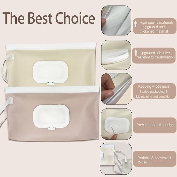 Wipe Dispenser,2-Pack Portable Refillable Wipe Container,Reusable Travel Baby Wipes Dispenser, Waterproof and Dustproof(Blush Pink & Cream)