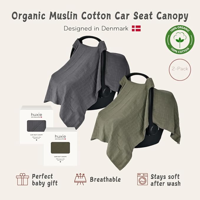 Car Seat Cover Baby - Organic Muslin Cotton - Carseat Canopy - 43" x 32" 2-Pack (Sage Green/Soft Grey)