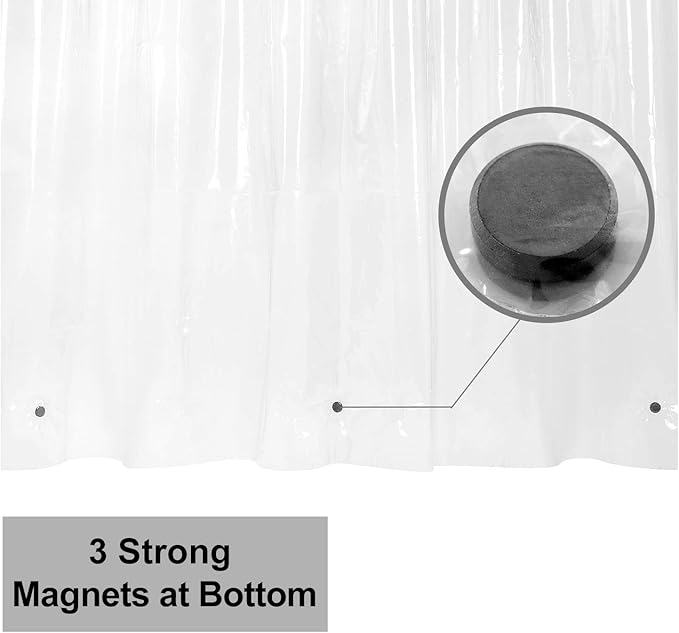 Barossa Design Shower Curtain or Liner with 3 Magnets for Shower Stall Size 42 inch Wide, PEVA, Waterproof, PVC Free, Metal Grommets, Clear, 42x72