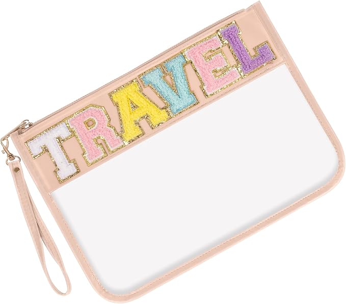 Iqimott Chenille Letter Clear Bag Travel Pouch, Monogram PVC & PU Makeup Cosmetic Bag Zipper Toiletry Pouch, Waterproof Portable Beach Snack Wristlet Bags for Women Girls(Travel, Pink)