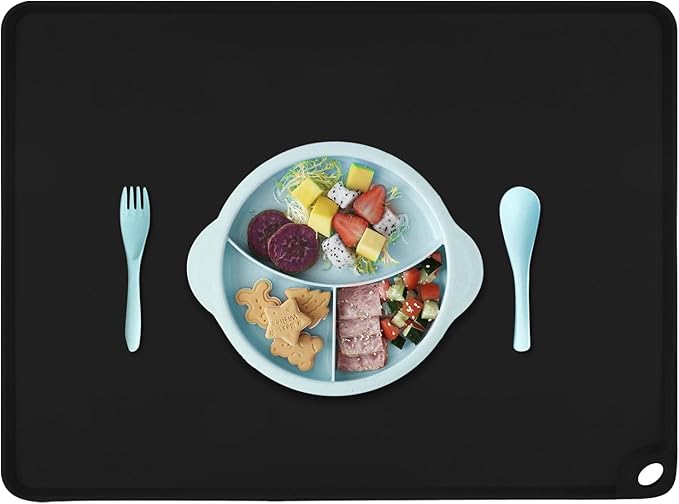 Black Silicone Placemats - Multipurpose Baby Food Mat & Reusable Countertop Mats with Raised Edges, Heat Resistant for Air Fryer (1 Pack, 19.7" x 15.7")