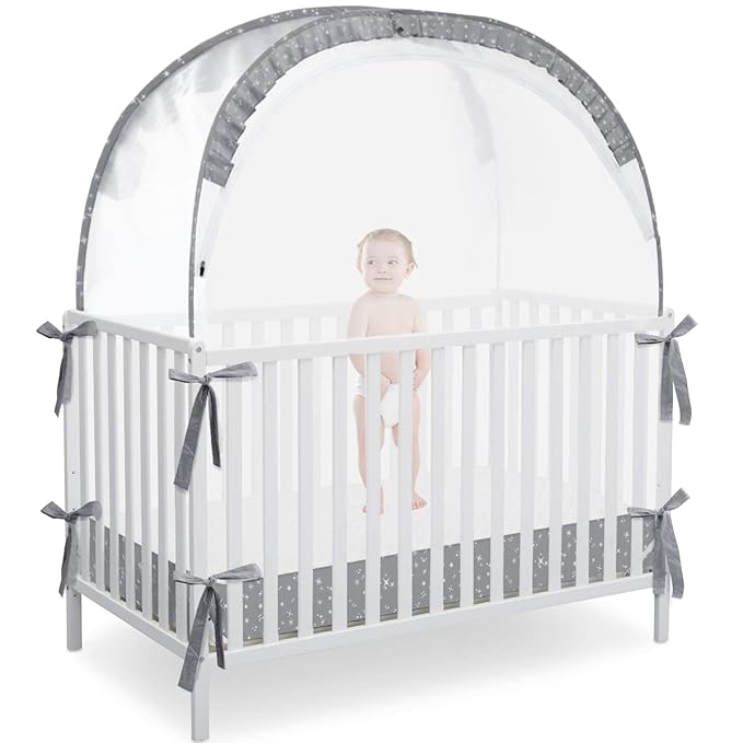 L RUNNZER Pop Up Baby Crib Tent, Crib Net Canopy to Keep Baby in, Crib Mosquito Net with Viewing Window, Soft Mesh Cover & Pop Up Structure