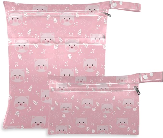 visesunny Cute Pink Pig Funny 2Pcs Wet Bag with 2 Zippered Pockets Snap Handle Washable Reusable Roomy for Travel,Beach,Pool,Daycare,Stroller,Diapers,Dirty Gym Clothes, Wet Swimsuits, Toiletries