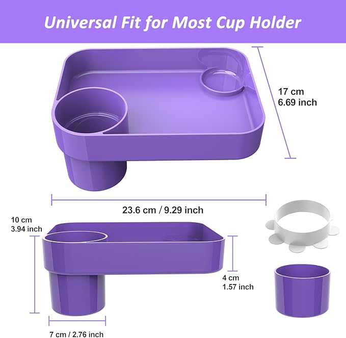 Car Seat Snack Tray for Kids, Mess-Free Square Travel Tray Cup Holder Snack Tray, Durable Car Food Tray for Toddlers, Universal Fit Kids Travel Road Trip Essentials (purple)