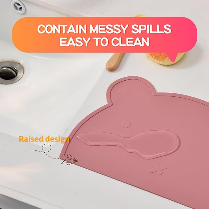 Silicone Bear Placemat for Toddlers (White Pink)