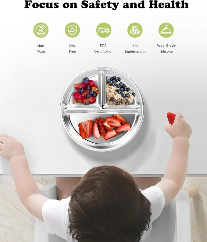 Bakpoco Stainless Steel Kids Plates 6 Packs, 8" Divided Toddlers Portion Control Plate, Non Toxic & BPA Free |Unbreakable |Dishwasher Safe Baby Snack Dish for Daycare, Restaurant Outings & Travel