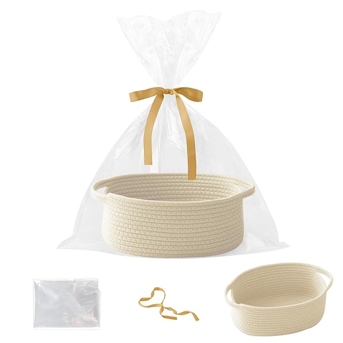 Small Woven Rope Basket-Empty Gifts Basket with Bag and Ribbons,Cute Handle Organizer Box for Birthday/Baby Shower, Toy Storage, Nursery Organizing & Shelf Decor(Cream)