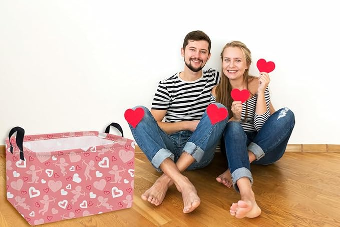 Essme Rectangular Valentine's Day Baskets Girls Storage Box,Pink Heart Storage Bins Organizer with Handles for Girls Room Decor,Gift Basket,Shelf Basket,(Pink love basket)