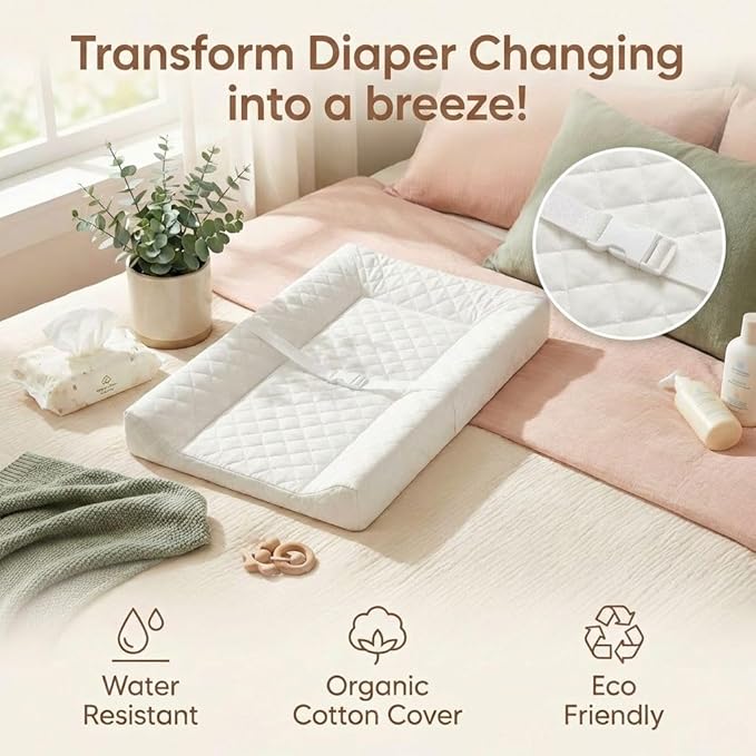 Contoured Baby Changing Pad – Waterproof & Breathable Diaper Changing Pad | Removable Washable Cover, Non-Slip Base & Safety Strap | Standard Size for Dresser & Changing Table Pads