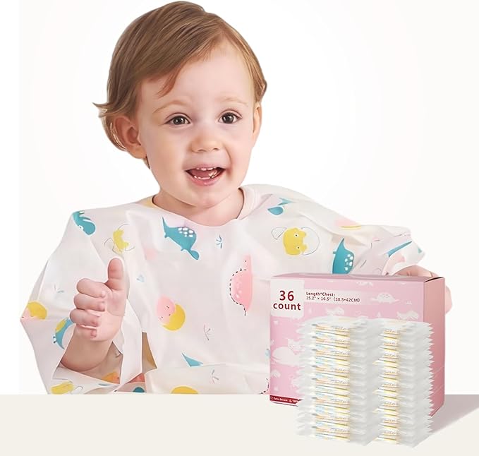 Disposable Baby Bibs for Baby Boys and Girls - Long Sleeve Bib Individually Wrapped Waterproof Baby Bibs 16/36 pcs