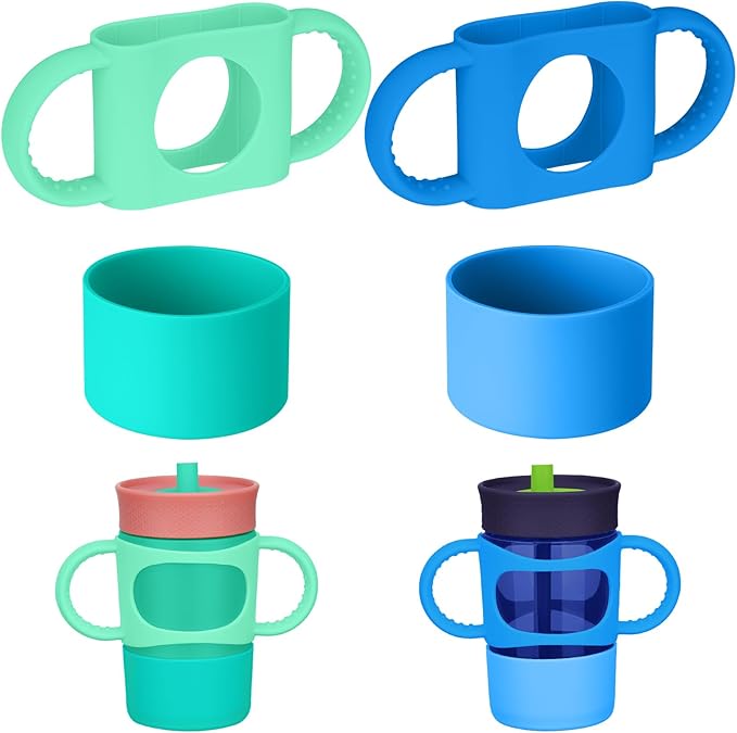 NiHome Silicone Double Handle & Boot for Owala Kids’ Tumbler 12oz 15oz, Easy to Install for Toddlers to Grip & Train, Shock-Absorbing Bottom Sleeve Drop Protection, 2Pcs (Blue + Green)