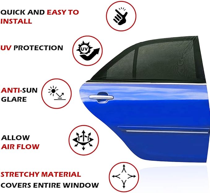 AUGOLA Car Window Shades, 2 Pack Breathable Mesh Side Sun Shades, Stretch Screens for Baby/Camping, Heat Block UV Protection, Back Window Covers for Car, Truck, SUV, Van (XL 63''x28'')