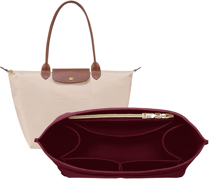 OPPOSHE Purse Organizer Insert for Longchamp Le Pliage, Premium Felt Long Champ Bag Handbag Women, Tote Organizer Insert with 9 Compartments (Medium, Dark Red)