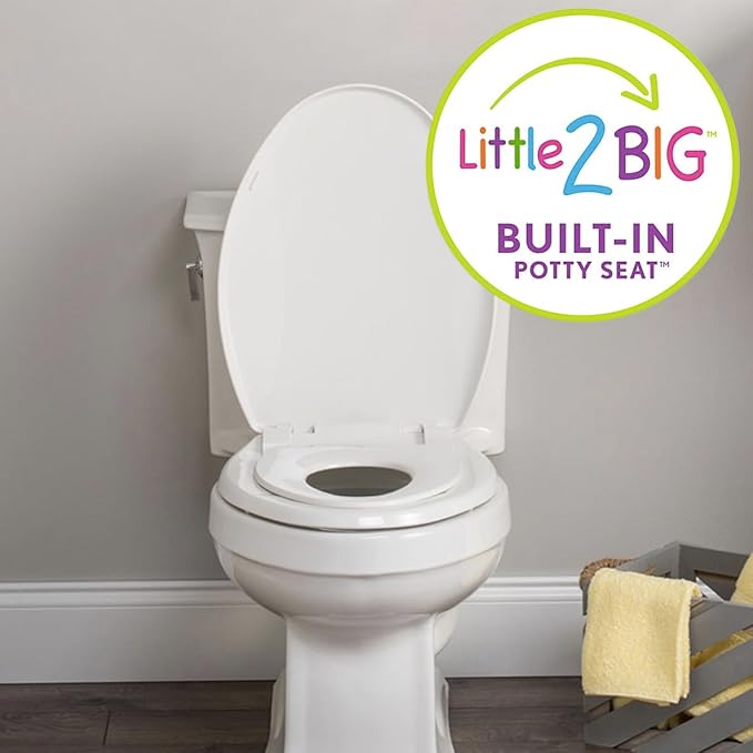 Little2Big Toilet Seat with Built-In Toddler Potty Training Seat, Slow Close, Easy to Install, Made in USA, ELONGATED, White