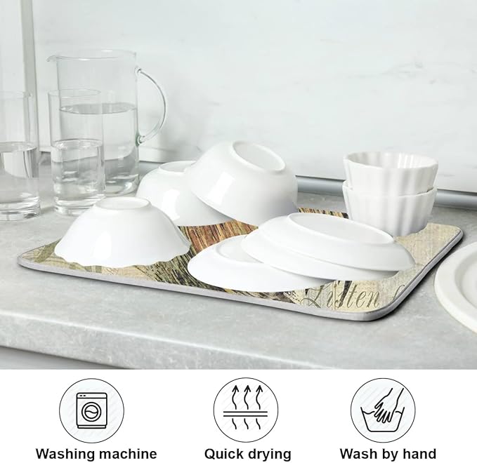Farmhouse Rooster Dish Drying Mat 16 x 18 Inch with Hanging Loop High Absorbent Reversible Microfiber Dish Drying Pad Dish Rack Pad Drainer Mat for Kitchen Counter Coffee Bar
