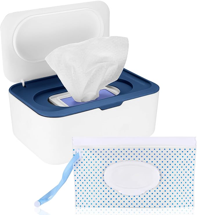 Wet Wipes Dispenser Box, Napkin Storage Holder Container Box, Dustproof Toilet Tissue Paper Box with Lid, Baby Wipes Dispenser for Home Office Desk, with a Mask Storage Organizer Case Box (Blue)