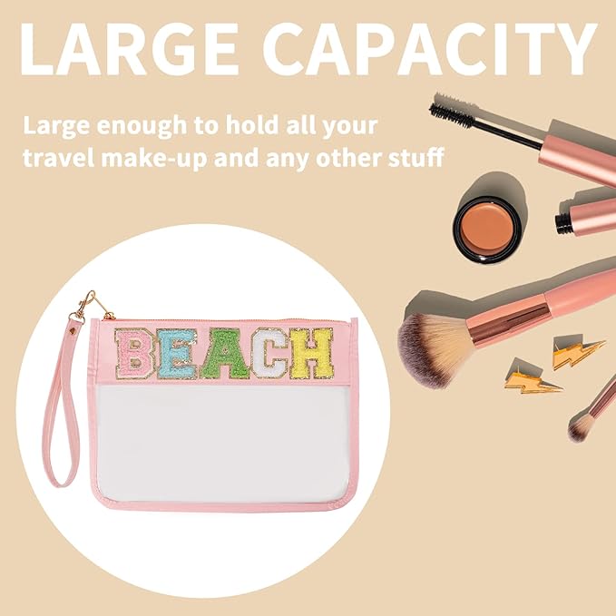 Iqimott Chenille Letter Clear Bag Beach Pouch, Monogram PVC & PU Makeup Cosmetic Bag Zipper Toiletry Pouch, Waterproof Portable Travel Snack Wristlet Bags for Women Girls(Beach, Pink)