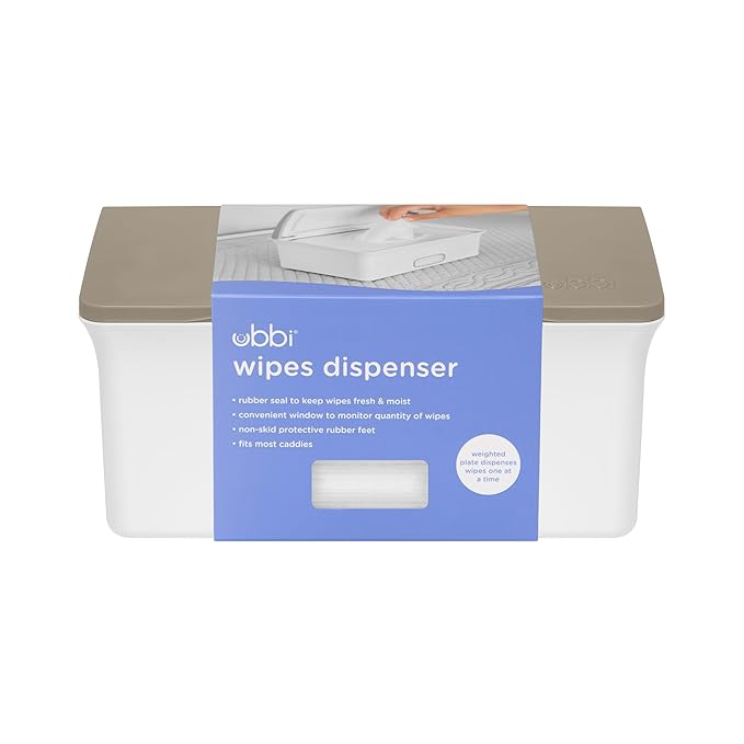 Ubbi Baby Wipes Dispenser with Weighted Plate and Secure Seal, Nursery and Baby Registry Essential to Keep Wipes Fresh, Taupe