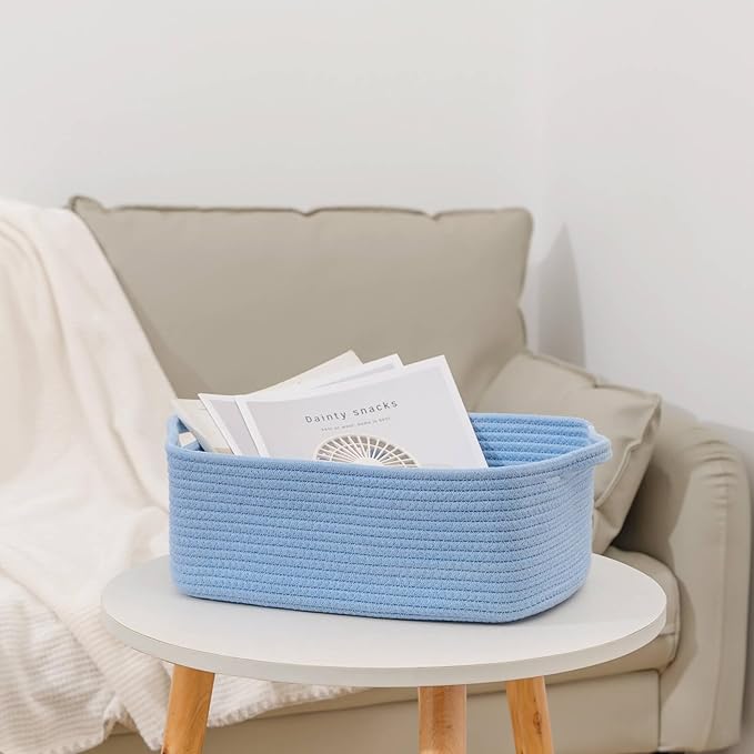CubesLand Cute and Durable Small Cotton Rope Basket for Organizing, Woven Closet Storage Bin,Shelves Closet Storage Basket, Bathroom Storage Organizer Bin, Nursery Toy Basket Bin, Blue Basket