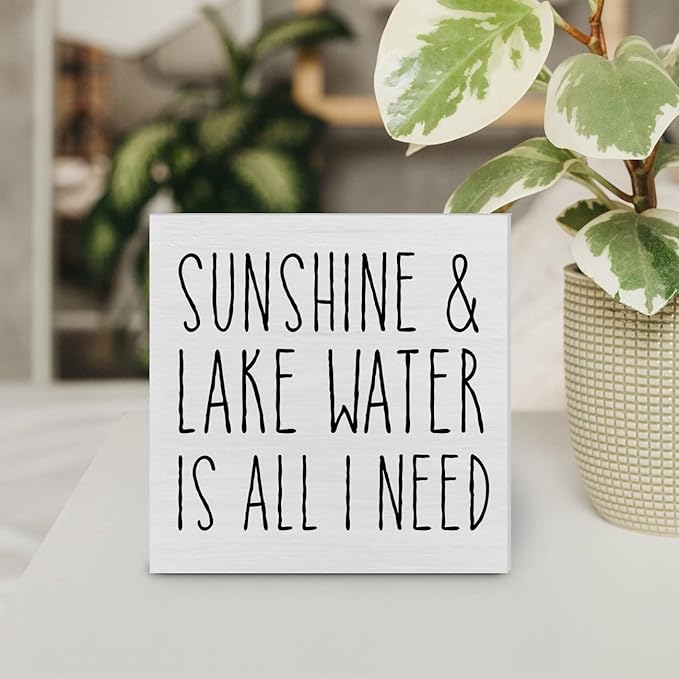 Country Lake Themed Wood Box Sign Decor Desk Sign Sunshine and Lake Water is All I Need Wooden Box Block Sign Summer Rustic Home Shelf Wall Decoration