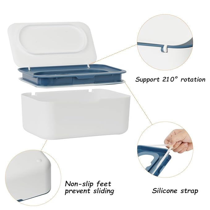 Wipes Dispenser, Wipe Holder for Baby & Adult, Seposeve Refillable Wipe Container, Keeps Wipes Fresh, One-Handed Operation. Non-Slip, Easy Open/Close Wipes Pouch Case, Blue