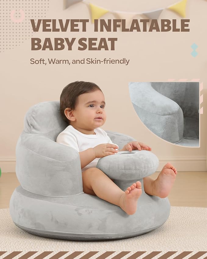 AGITVPS Velvet-Covered Inflatable Baby Seat with Built-in Pump | A Supportive Bumbo Seat for Babies 3-36 Months | Perfect for Learning to Sit, Feeding, Floor Time & Camping (Velvet Tray-Gray)