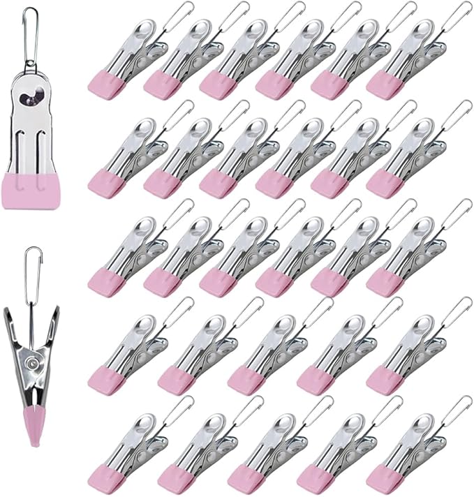 Multipurpose Heavy Duty Stainless Steel Clothespins, Clothes Pins for Laundry, Towel Drying Clips, Outdoor Clothespins for Socks, Towels, Snacks, Photo (30, Pink)