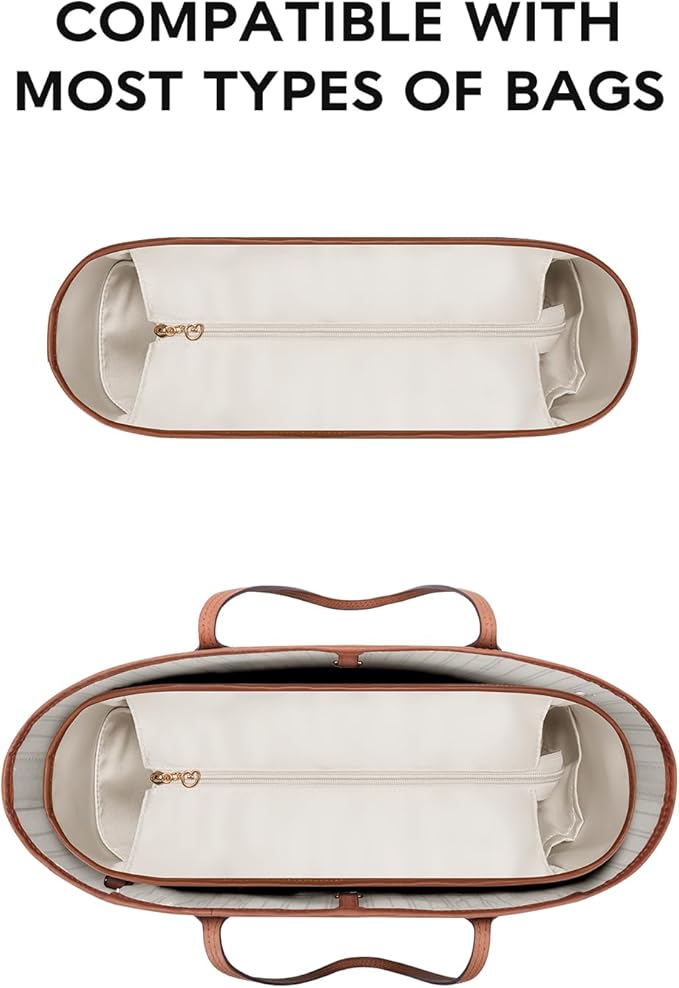 GIVLEFLY Tote Organizer Insert with Multiple Pockets Zipper Purse Dividers with Handle Lightweight Purse Liner with Cup Holder Fit for Longchamp Large Medium Size and Neverful and More (Large,White)