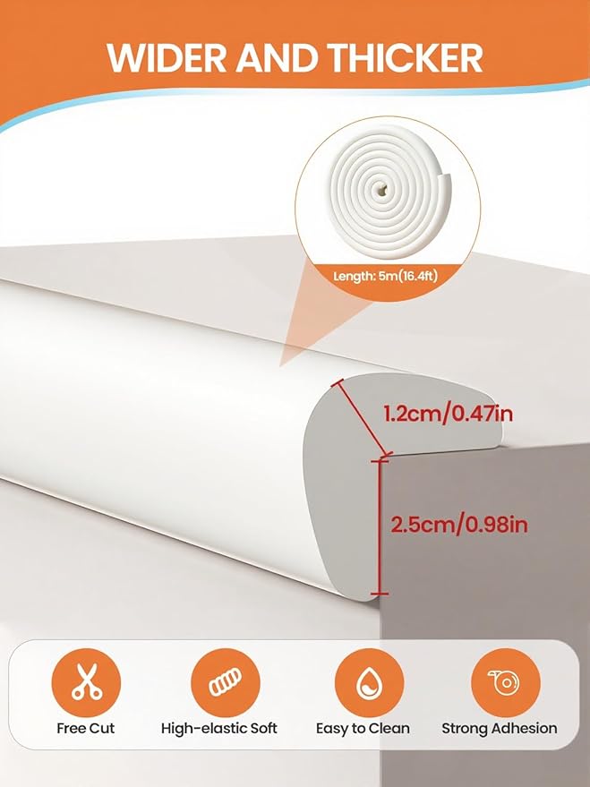 QYV Baby Proof Edge Corner Protector, 16.4FT 0.47''Th L-Shape Furniture Corner & Edge Safety Bumper with 10 Corners, Pre-Taped, Soft NBR Rubber Foam Desk Edge Cushion Wall Corner Protector(White-gray)
