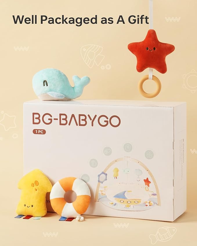 BG-BABYGO Baby Play Gym Activity Mat, 5 Developmental Zones Wooden Tummy Time Mat with 7 Detachable Sensory Toys for Motor Skills & Sensory Development, Baby Essentials Shower Gift, Easy to Install