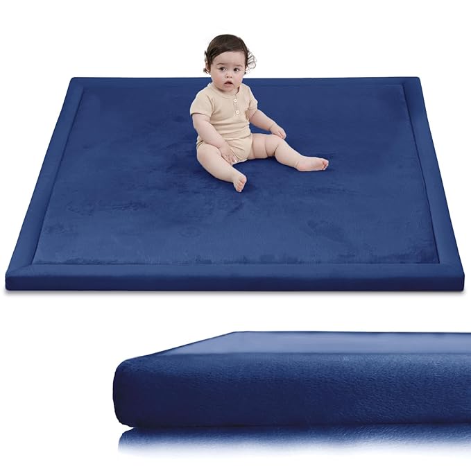 Huloo Sleep Ultra Soft Baby Play Mat for Floor, 1.3" Thick Elasti-Foam 59x59 Play Mat for Playpen,Water-Repellent Coral Velvet for Tummy Time, Non-Slip Backing,Safe for Toddlers & Infants（Dark Blue）