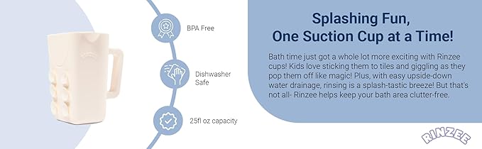 Rinzee® Baby Bath Cup with Suctions - BPA Free, 100% Food Grade Silicone Rinse Cup, Clutter-Free Tub Area, Kids Learning Tool, Sticks to Tiles, Drains Water Upside Down- patent pending