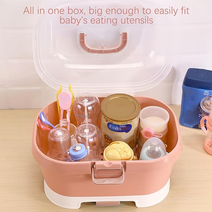 DOERDO Baby Bottle Drying Rack, Portable Large Capacity Toddler Bottles Storage Box with Cover Portable Kitchen Cabinet Organizer for Home Kitchen, 11.6x9.4 Inch, Orange