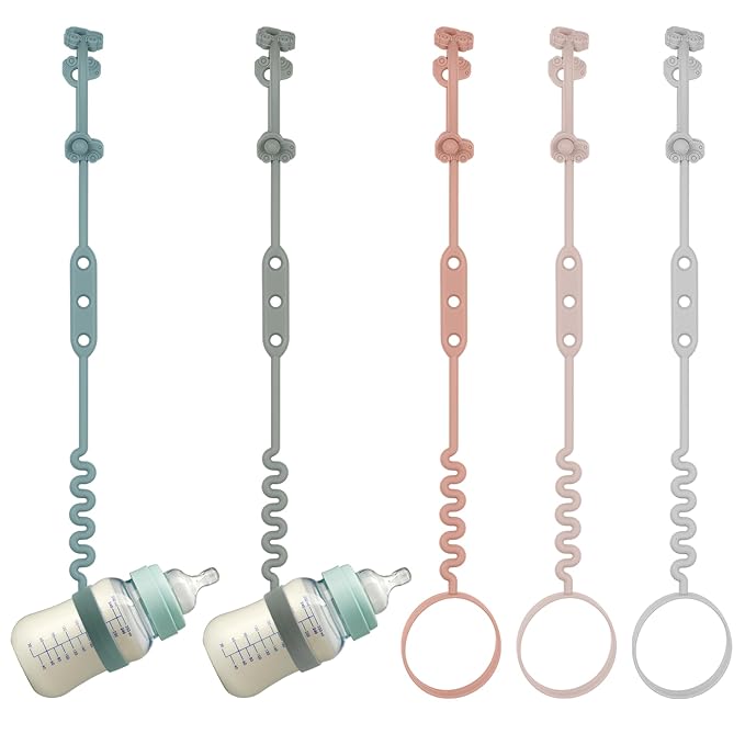 Baby Bottle and Sippy Cup Straps - Adjustable Straps Attach with Strollers, High Chair, Shopping Cart - Food Grade Silicone - Dishwasher Safe (5Packs, Color 1)
