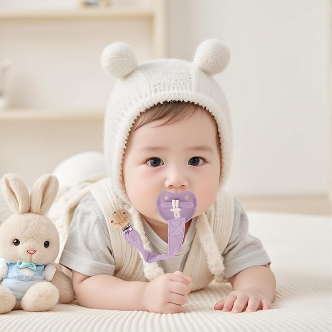 TYRY.HU Ribbon Baby Pacifier Clip Holder, 2 Pack Binky Paci Holder Clips, Pacifier Leash, Universal Binky Leash, Creamy White & Purple
