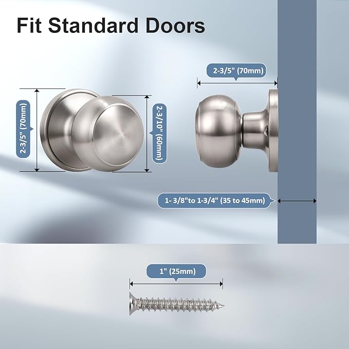 KNOBWELL 2 Pack Non-Turning Dummy Door Knobs Interior - Satin Nickel, Keyless Closet Door Knobs for French Doors，Single Side