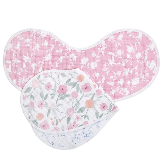 aden + anais 100% Cotton Muslin Burpy Bib – Multi-Use, Absorbent 4-Layer Burp Cloth and Full-Coverage Snap-Closure Baby Bib in One, Lap-Shoulder Drool Cloth, 22.5” X 11”, 2-Pack, Mon Fleur