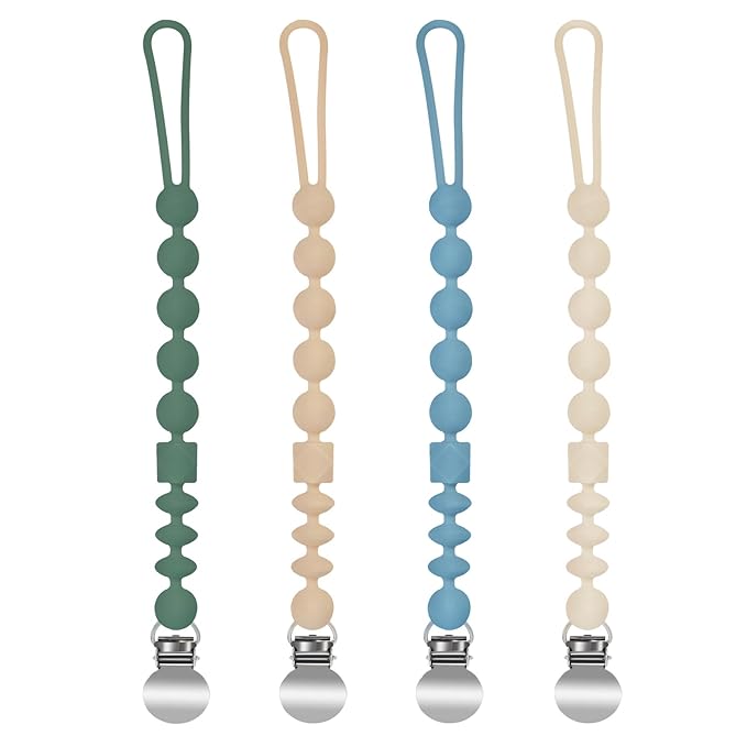Silicone Pacifier Clips for Boys, 4 Pack One Piece Soft Flexible Pacifier Holder Clip Binky Clips for Boys