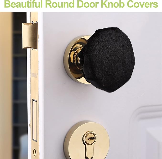 Door Handle Covers, 2Pcs Black Decorative Round Door Knob Covers Soft Door Handle Glove Anti-Static Safety Door Knob Protector with Clear Anti-Collision Adhesive Strip