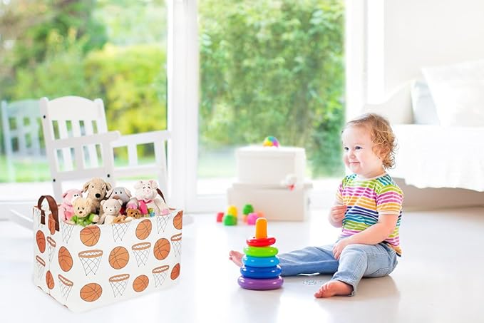 Sanjiaofen Rectangular Baketball Baskets,Kids Basket for Boy.Waterproof PE Coating Cute Basket with Handles.Boys Bin,Toys Box,Books Bins. (Basketball)