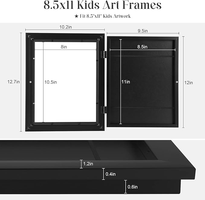 [2-Pack] Kids Frames, 8.5x11 Front Opening Kids Artwork Frames Changeable, Black Artwork Display Storage Frame for Wall, Holds 50 Pcs, for 3D Picture, Crafts, Children Drawing, Hanging Art, Portfolio