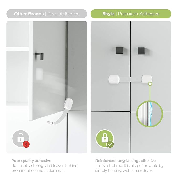 SKYLA HOMES Baby Locks Child Safety Cabinet Proofing - Safe Quick and Easy 3M Adhesive Cabinet Drawer Door Latches No Screws & Magnets Multi-Purpose for Furniture Kitchen Ovens Toilet Seats