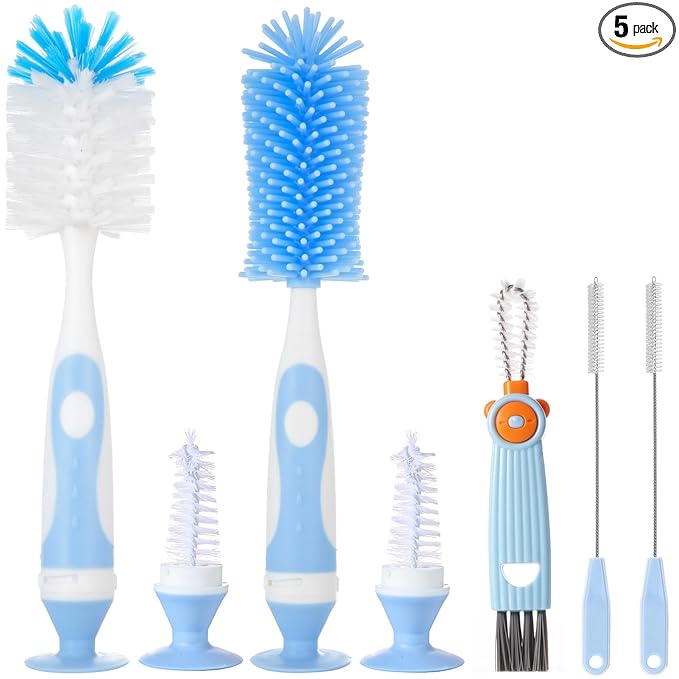 Ariseno 5-in-1 Baby Bottle Brush Set, Including Nylon and Silicone Bottle Brush, Bottle Cap, Straw and Nipple Cleaner, BPA-Free (Blue)