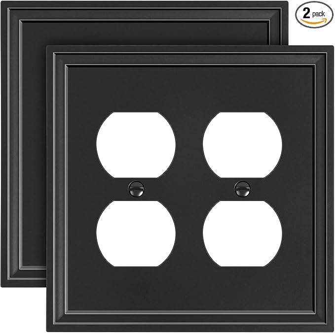2-Pack Double Duplex Outlet Cover, Natural Bamboo Fiber Switch Plates and Outlet Covers, Black Decorative Wall Plates for Electrical Outlets, 2 Gang Receptacle Cover, Corrosion Resistant